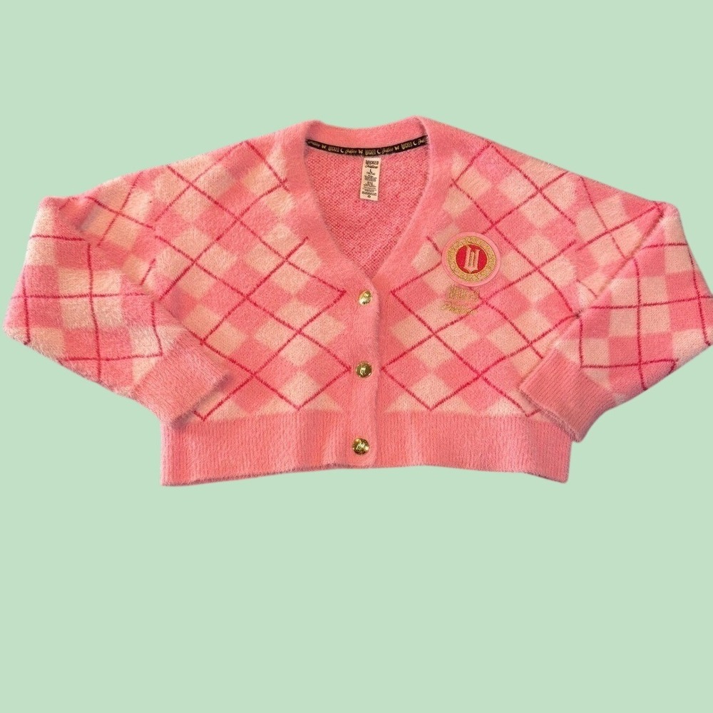 Wicked x Justice Argyle Fuzzy Cardigan L Pink Gold Button Crest Sweater